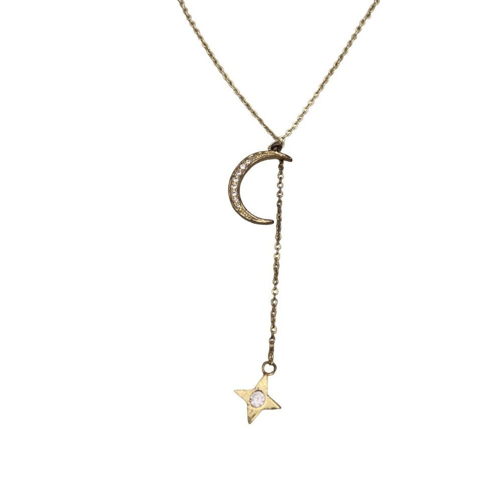 Lili Claspe Rope the Moon Star Lariat Chain Necklace Gold Tone 16 to 18 in